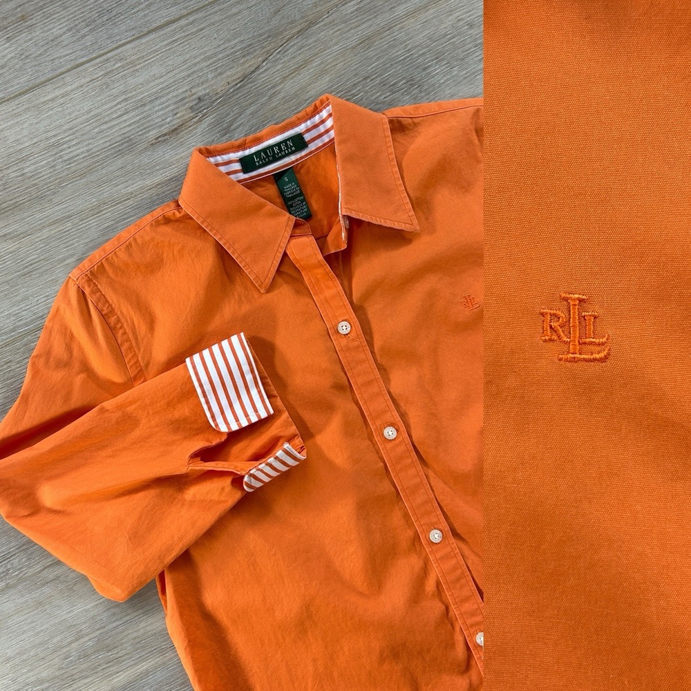 Lauren Ralph Lauren Small Orange Embroidered 3/4 Sleeve Cotton Light Button Up
